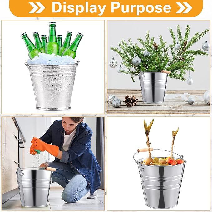 Zopeal 6 Pcs Large Metal Bucket Beer Bucket Galvanized Steel Pail with Handle for Gifts Basket Ice Candy Party (9.5 x 8.67 x 6.5 Inch,Silver)