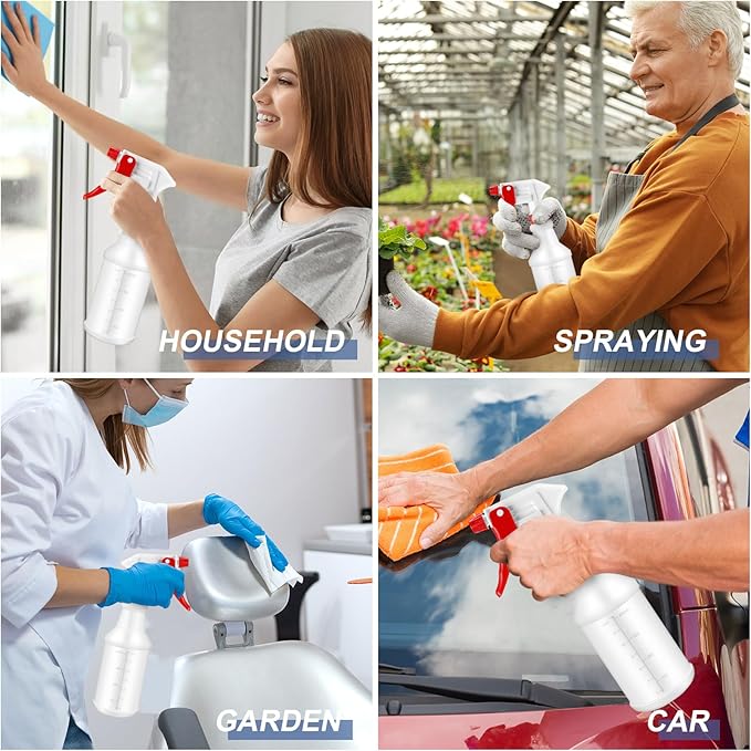 Eccliy 20 Pack 16oz Empty Spray Bottles, Leakproof Cleaning Bottles with Measurement and Adjustable Nozzle for Housekeeping, Commercial Use(Cylinder,Red White New Spray Head)