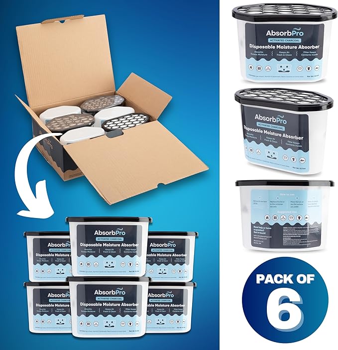 Moisture Absorber Tub with Activated Charcoal - 6-Pack - 10.5 oz Disposable Odor Eliminator Box & Dehumidifier for Garage, Home, Kitchen, Bedroom, Bathroom, Closet, Cars, and Boats