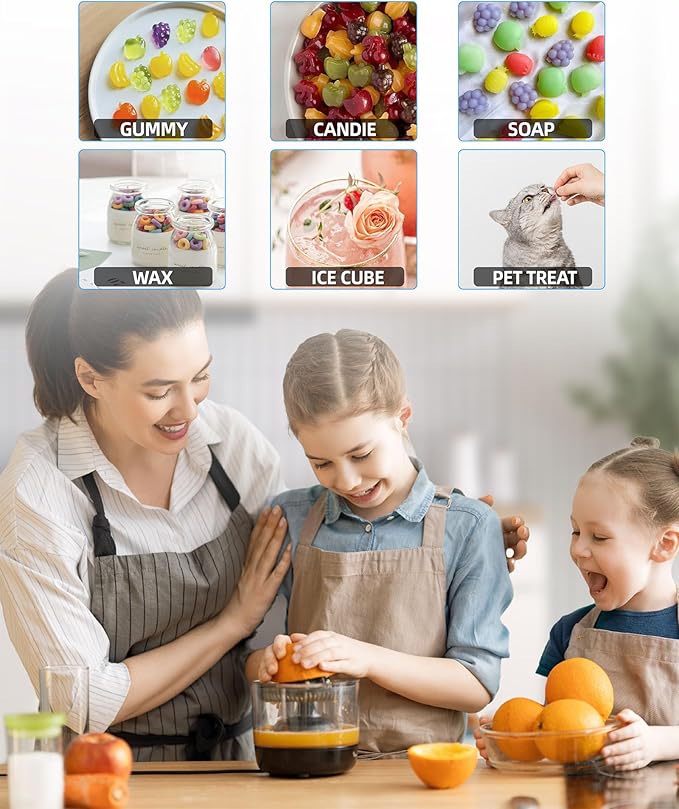 Mini Fruit Snack Molds Silicone, 5PCS Gummy Molds Trays with 2 Droppers 1 Clean Brush, Including Pineapple, Cherry, Grape, Banana, Apple Shape