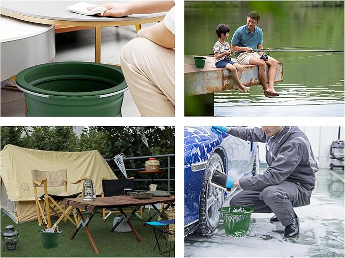 Collapsible Buckets, Silicone Bucket, Household Cleaning or Car Washing, Portable Folding Bucket for Fishing or Camping, 2.6 Gallons (10 Liters), Space-Saving Design, Round (Green)