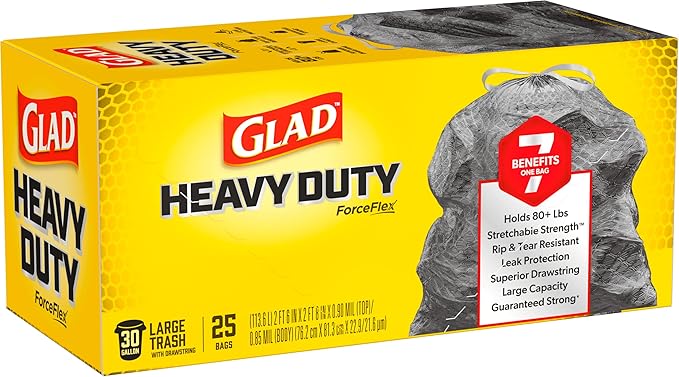 Glad ForceFlex Heavy Duty Large Trash Bags, Hold 80+ lb, 30 Gal, 25 Ct (Package May Vary)