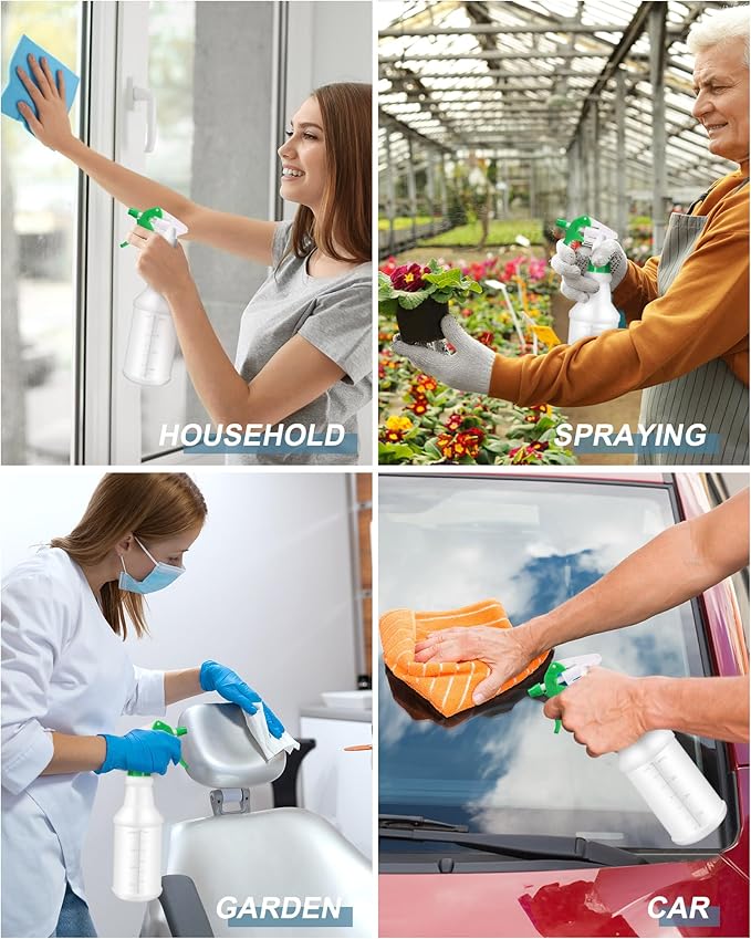 Eccliy 20 Pack 16oz Empty Spray Bottles, Leakproof Cleaning Bottles with Measurement and Adjustable Nozzle for Housekeeping, Commercial Use(Cylinder,Green Spray Head)