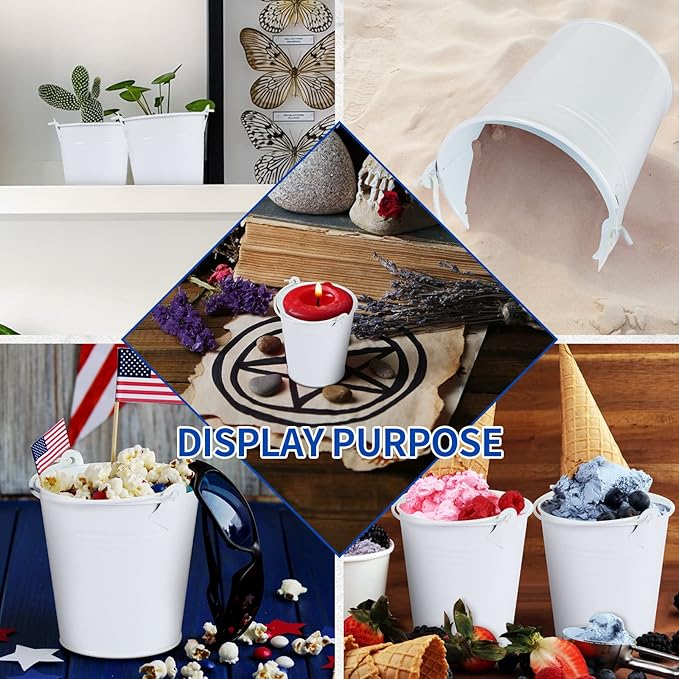 Mini Metal Buckets with Handles Galvanized Buckets 3.15 Inch Mini Container Pails for Metal Tin Plant Holder Pail for Wedding Decoration Party Favor(White,28 Pcs)