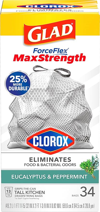 Glad ForceFlex MaxStrength with Clorox Trash Bags, 13 Gal, Eucalyptus, 34 Ct (Package May Vary)