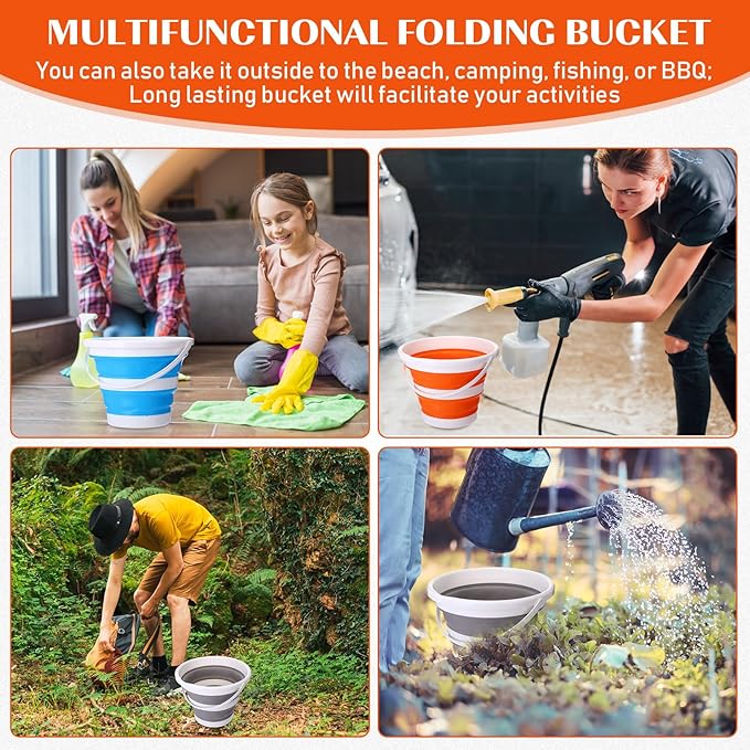 Pickmesh 4 Pcs Autumn Camping Collapsible Bucket, Small Cleaning Bucket with Handle 2.6 Gallon (10l) for Household Outdoor Car Washing Portable Camping Beach Sand Tub(Blue, Pink, Orange, Gray)