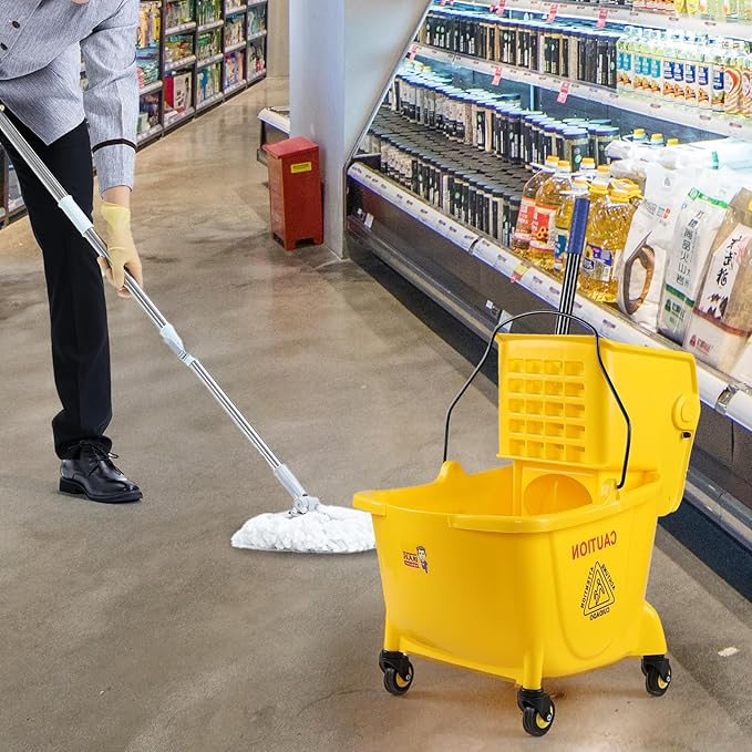 Mop Bucket with Side Press Wringer, 25 Quart Bucket on Wheels for Mopping Floors, Yellow