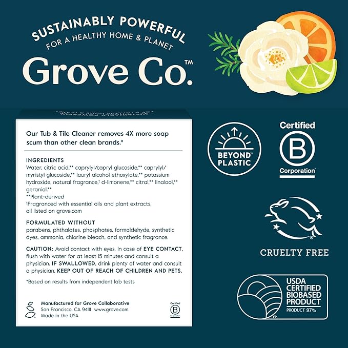 Grove Co. Tub and Tile Cleaner Refill Concentrate (2 x 1 Fl Oz) + 1 x Reusable Glass Spray Bottle (16 Oz) Plant-Based Cleaning Supplies Bundle, No Plastic Waste, Lemon & Eucalyptus Scent