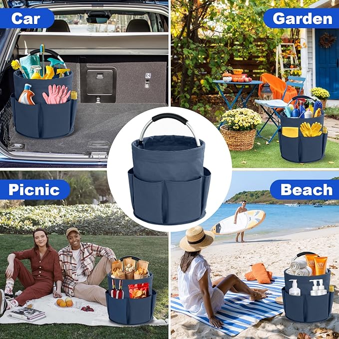 Cleaning Caddy with Handle, Cleaning Products Organiser, 17L Foldable Storage Basket, Cleaning Caddy Organiser, Portable Multi Cleaning Bucket Bag for Home, Garden (Dark Blue)