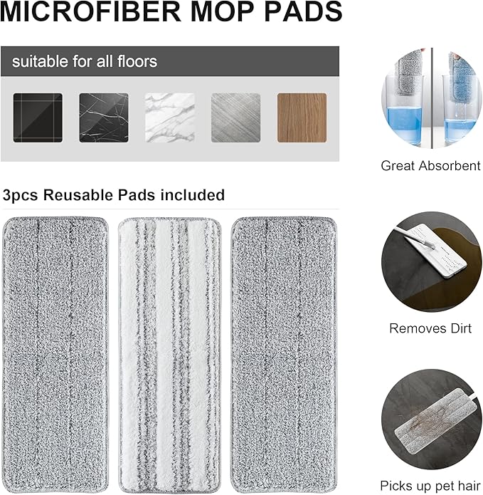 Mop and Bucket with Wringer Set, Flat Floor Mop and Bucket, with 3 Microfiber Mops for Floor Cleaning, Wet and Dry Use for Household Cleaning - White