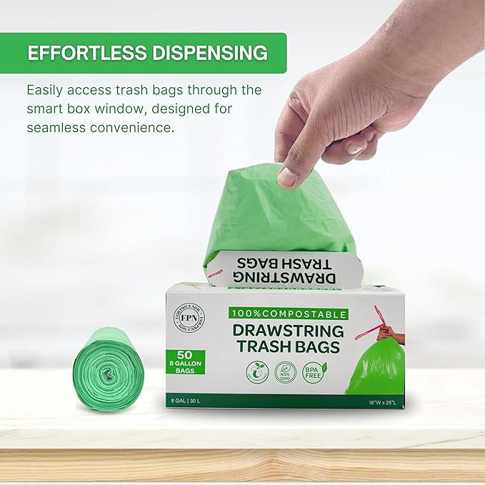 Trash Bags Compostable – 8 gallon 50 Pack, Handle-Tie, 0.67 Mil, Eco-Friendly, Tear-Resistant, Odor-Free, Durable for Small Kitchen & Office Use Durable & Convenient