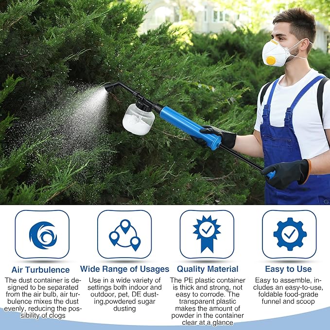 Qualirey 1 Pack Diatomaceous Earth Duster, 250ml Garden Powder Applicator Dispenser, Bulb Duster Sprayer, Home Powder Applicator, Puffer Sprayer for Multi Purpose Indoor & Outdoor (Blue)