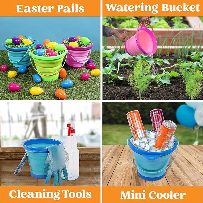 JOYIN 3 Packs Foldable Pail Bucket with Shovels & Mesh Bag, Collapsible Buckets Multi Purpose for Beach, Camping Gear, Beach Party, Fishing, and Fun Summer Activities (Blue/Pink/Green)