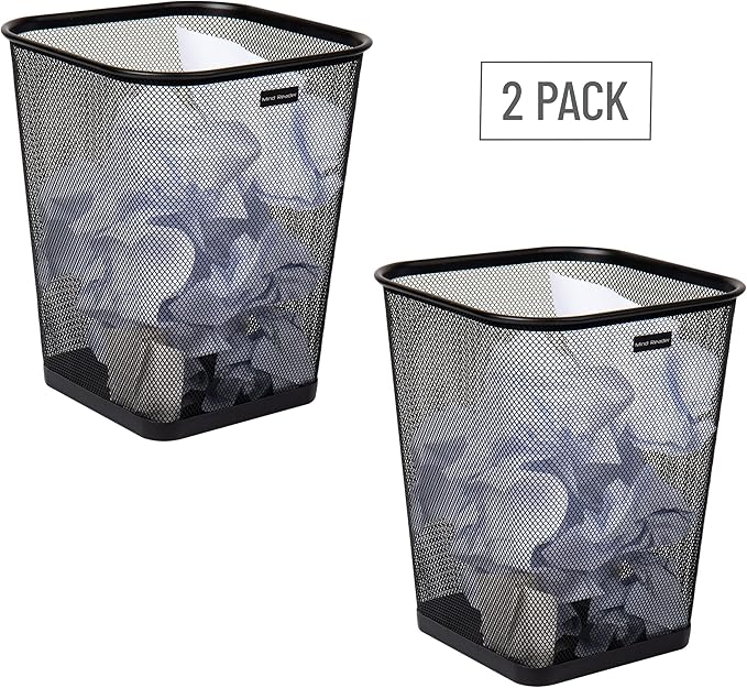 Mind Reader Mesh Trash Can, Waste Paper Basket, Square, Office, Metal Mesh, 9.75"L x 9.75"W x 12.25"H, Set of 2, Black