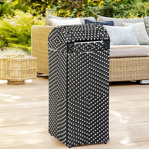 happimess HPM1201E Darla 14.27-Gallon All-Weather Wicker/Metal Swing Top Hideaway Outdoor Trash Can, Dark Navy/White, Classic, Coastal, Casual Wastebin for Backyard, Patio, Porch, Kitchen