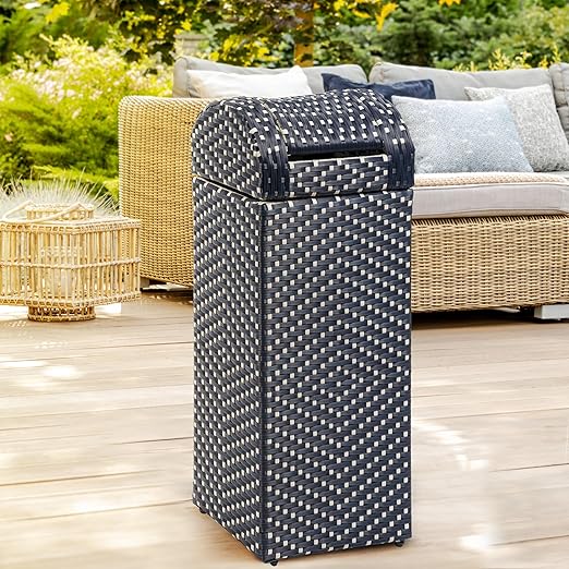 happimess HPM1201B Darla 14.27-Gallon All-Weather Wicker/Metal Swing Top Hideaway Outdoor Trash Can, Navy/White, Classic, Coastal, Casual Wastebin for Backyard, Patio, Porch, Kitchen