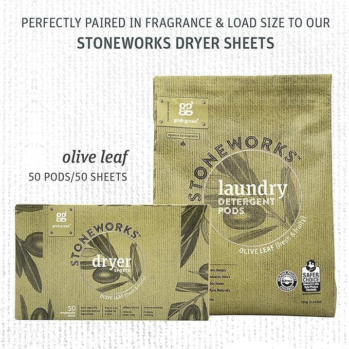 Grab Green Stoneworks Laundry Detergent Pods, Olive Leaf, 50 Count (Pack of 1) Loads-EPA Safer Choice Certified, Powered by Naturally-Derived Plant & Mineral-Based Powder Pods