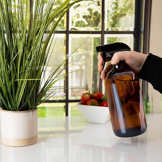 Large 32oz Amber Glass Spray Bottles with Funnel - Refillable Trigger Sprayer Containers for Oils, Cleaning Products, Plant Misting, Cooking, Hair, and Beauty. Includes 4 Bottles and 1 Funnel.