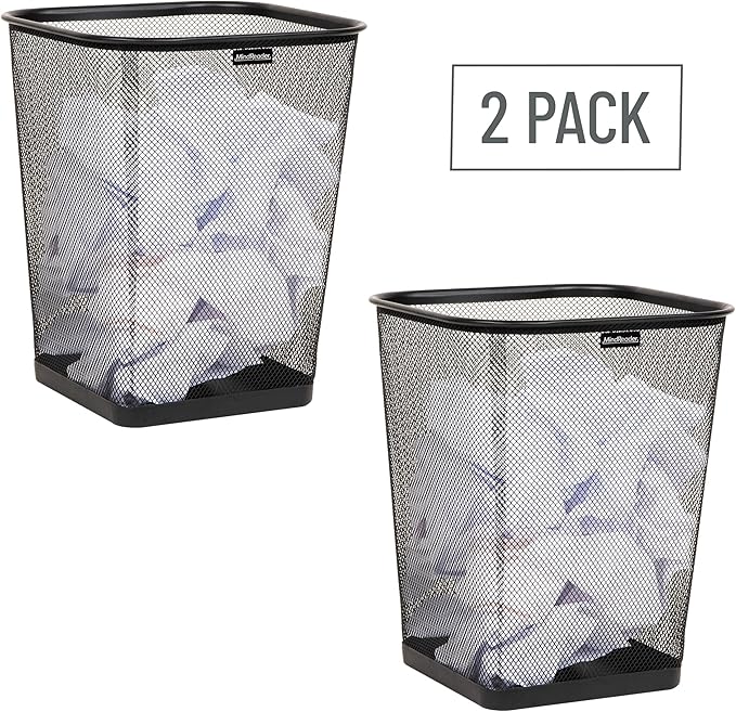 Mind Reader Mesh Trash Can, Waste Paper Basket, Square, Office, Metal Mesh, Set of 2, Black