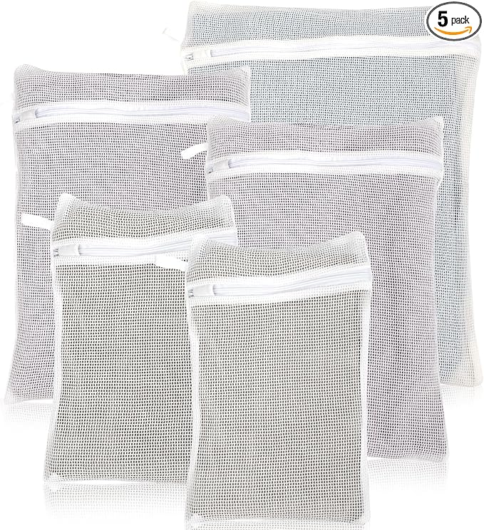 5-Piece Organic Cotton Laundry Bags with Zipper and Hanging Loop, 3 Sizes (S, M, L) Mesh Laundry Bag, Durable Cotton Mesh Laundry Bag for Delicate Underwear and Socks.