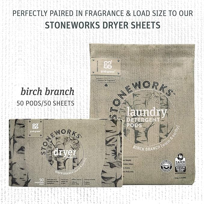 Grab Green Stoneworks Laundry Detergent Pods, Powered by Naturally-Derived Plant & Mineral-Based Powder Pods, Birch Branch, 50 Count (Pack of 1) Loads-EPA Safer Choice Certified
