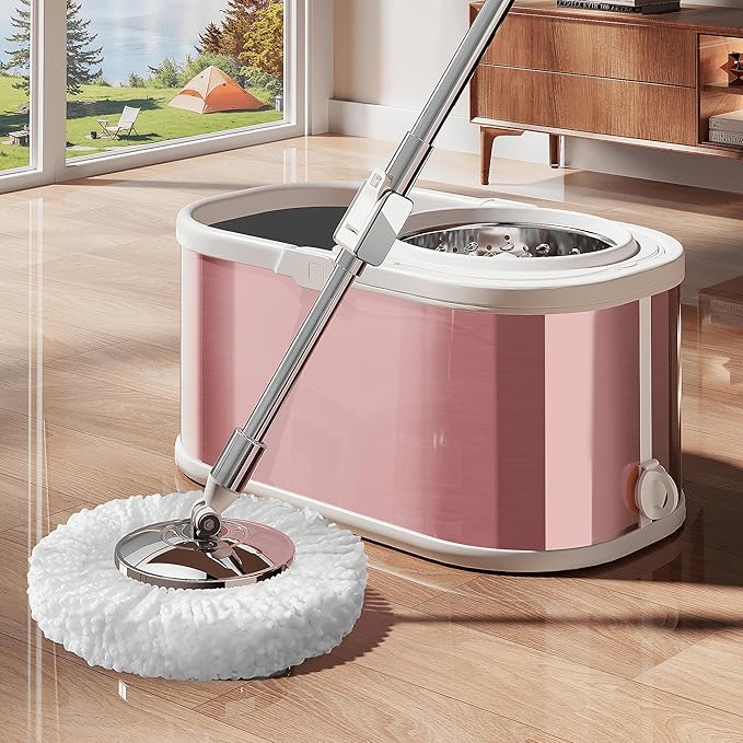 Spin Mop and Bucket with Wringer Set for Home,360° Mop and Bucket with Separate Clean and Dirty Water,Wet Dust Mop for Floor Cleaning with Extra Refills (Pink)