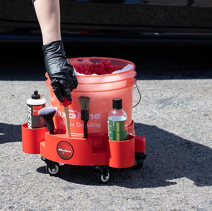 Maxshine 5 Gallon Universal Rolling Bucket Dolly (Red) | Heavy-Duty Detailing Bucket Cart with 5 Wheels & 2 Locking Casters | Mobile Organizer for Compounds, Brushes & Car Wash Supplies