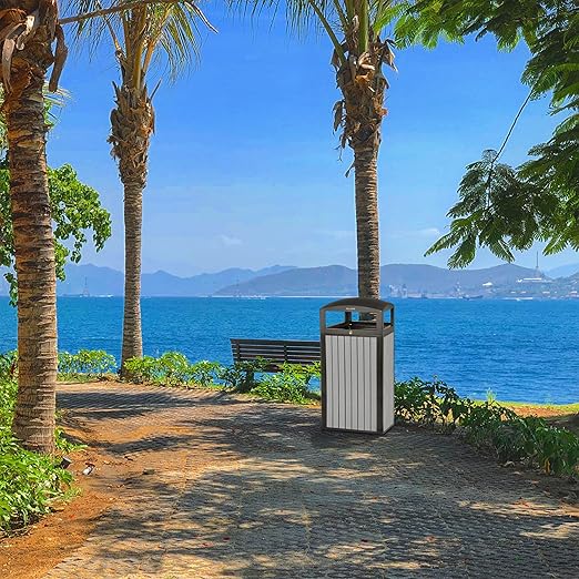 Alpine 40 Gallon Commercial Outdoor Trash Can with Lid - Modern Heavy Duty Large Outdoor Garbage Can with Durable Plastic Bin, Slatted Recycled Plastic Panels for Patio, Parks, Trails & Resorts (Grey)