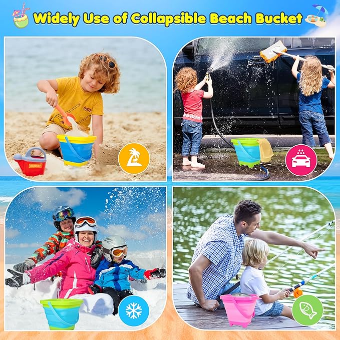 Collapsible Beach Sand Bucket 3 Packs Foldable Buckets Set with Shovels & Mesh Bag Collapsible Beach Toys for Kids Summer Sand Buckets for Kids Cruise Beach Essentials