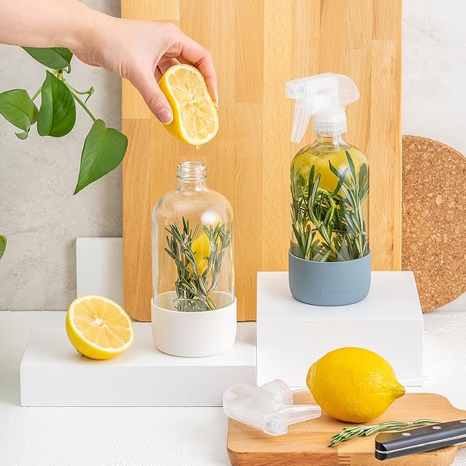 Vine Creations Glass Spray Bottles for Cleaning Solutions, Clear Glass Spray Bottle with Silicone Sleeve, 16 oz Empty Spray Bottles for Cleaning, Plant Spray Bottle, Mist and Stream Nozzle - 2 Pack