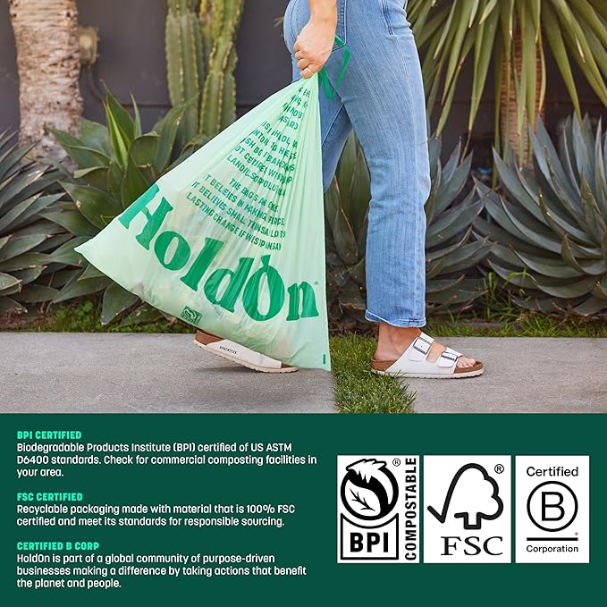 HoldOn 13-Gallon Trash Bags – Plant-based Tall Kitchen Trash Bags with Drawstring Handles for Tall Trash Bins, Heavy-duty and Compostable Large Trash Bags (40 bags)