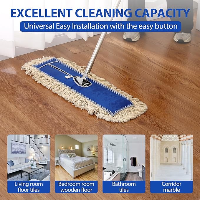 2 Pack - 24" Wide X 5 Cotton Floor Dust Mop Head Refill Short Fiber for Easy Sweep - Replacement Replacement Head for Home & Commercial Use