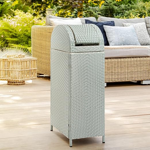 happimess HPM1202C Darla 31.39-Gallon All-Weather Wicker/Metal Swing Top Hideaway Outdoor Trash Can, Mint Blue/White, Classic, Coastal, Casual Wastebin for Backyard, Patio, Porch, Kitchen