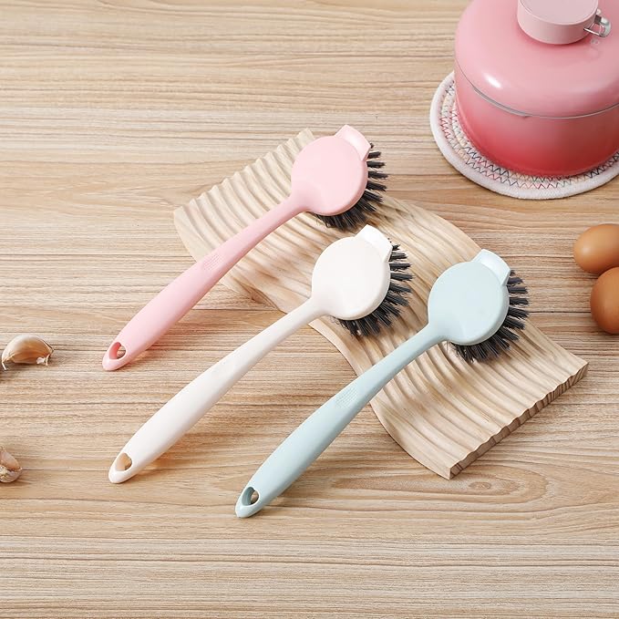 3 Pack Multifunctional Kitchen Dish Scrubber Brush with Built-in Scraper, Dish Brush with Handle,Kitchen Scrub Brushes for Cleaning, Dish Scrubber with Stiff Bristles for Sink, Pots, Pans