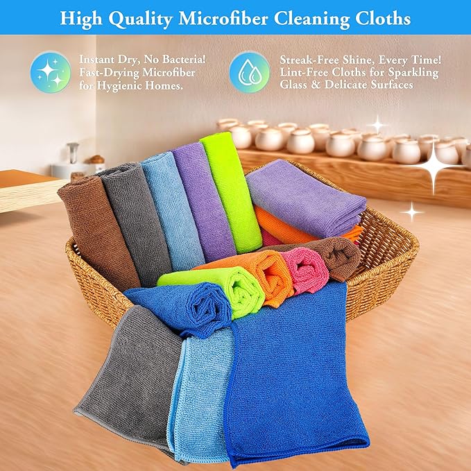 Microfiber Cleaning Cloths 16 Pack 8 Color Cleaning Rags for Housekeeping Home Kitchen Bathroom Car,11.5"X11.5" Soft Lint Free Wet and Dry Use Dusting Cleaning Supplies Towels