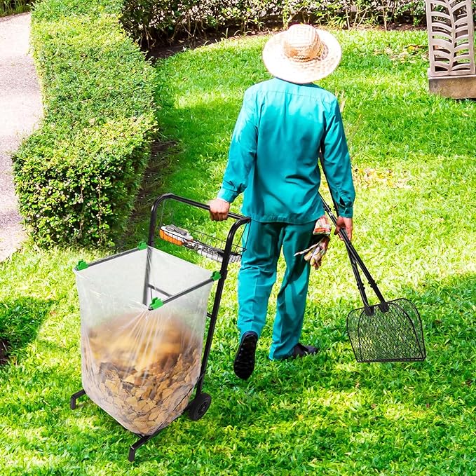 CAROD Mobile Trash Bag Holder with Storage Basket and Ergonomic Handle, Convenient Leaf Bag Cart with Leaves Grabber Rake Combo, Suitable for Leaves, Weeding, Camping, Party