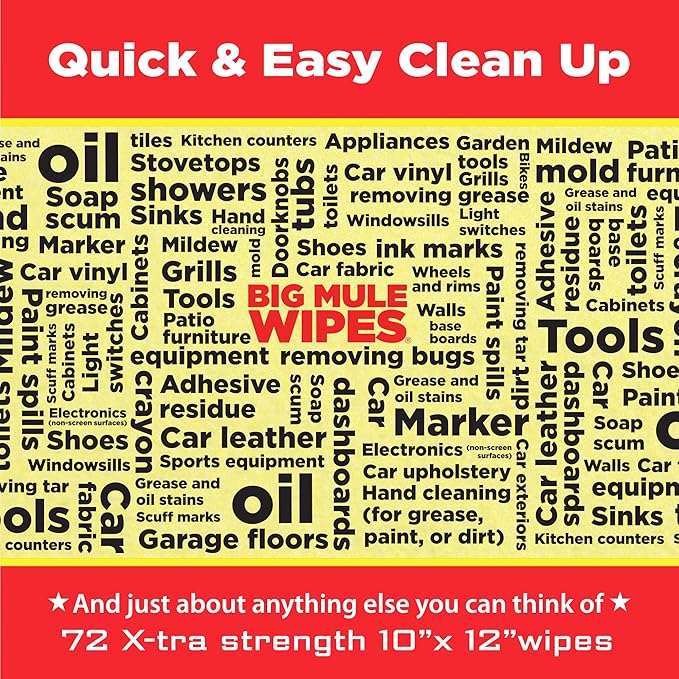 Mule Head Brand XL Heavy-Duty Cleaning Wipes – 2 Pack (10" x 12") – All-Purpose Garage, Automotive & Home Cleaning Wipes – Grease, Ink, Paint, Tar & Grime Remover – Safe for Hands & Multiple Surfaces