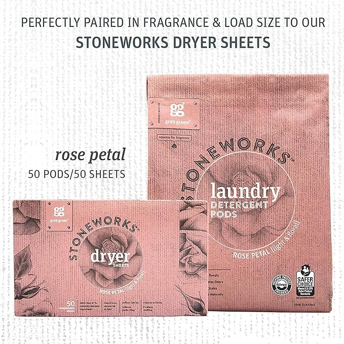 Grab Green Stoneworks Natural Laundry Detergent Powder Pods, Rose Petal, 50 loads