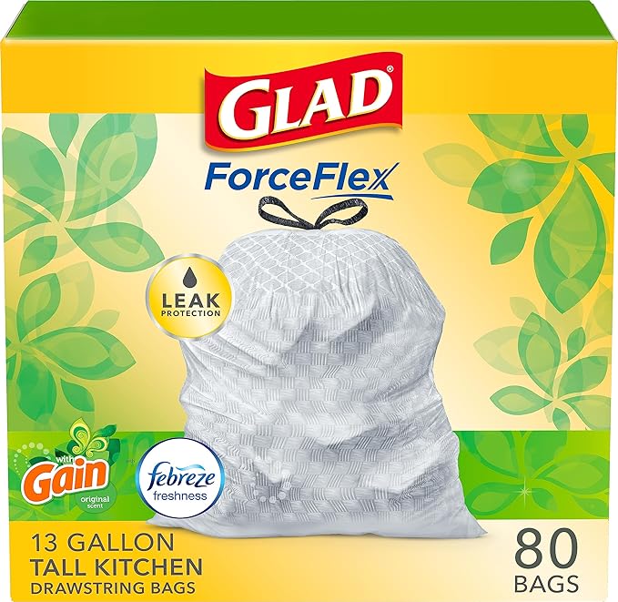 Glad ForceFlex Tall Kitchen Trash Bags, 13 Gal, Gain Original with Febreze, 80 Ct (Pack May Vary)