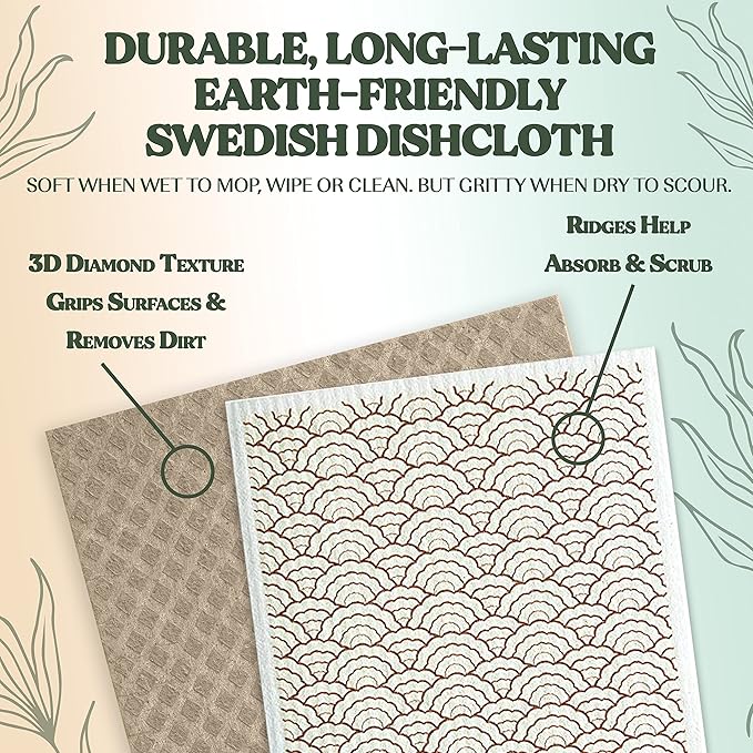 FEBU Swedish Dishcloths for Kitchen | 5 Pack Vintage Kitchen Reusable Paper Towels Washable | Swedish Dish Towels | Non-Scratch Cellulose Sponge Cloths | No Odor, Biodegradable Cleaning Cloths