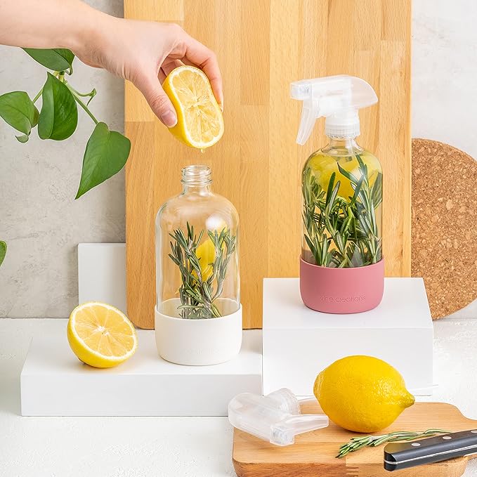 Vine Creations Glass Spray Bottles for Cleaning Solutions, Clear Glass Spray Bottle with Silicone Sleeve, 16 oz Empty Spray Bottles for Cleaning, Plant Spray Bottle, Mist and Stream Nozzle - 2 Pack