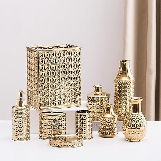 Trash Can for Bathroom, Small Office Garbage Can for Kitchen, Slim Rectangular Waste Bin, Ceramic, Gold