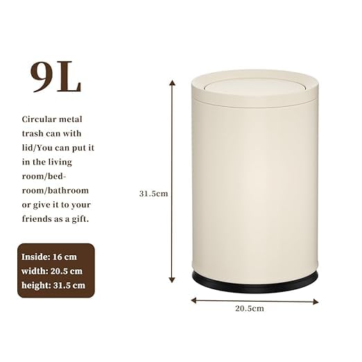 2.3 Gallon/9L White Round Trash Can with Swing Lid, Metal Garbage Can,Modern,Elegant Waste Basket,for Bathroom, Bedroom,Living Room,Office,RV,Home(9L-White)