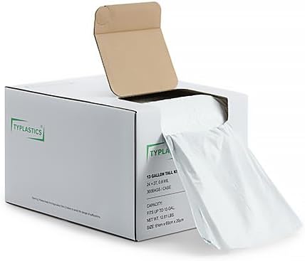 TYPLASTICS FleTex Tall Kitchen 13 Gallon Drawstring Trash Bags, 300 Bags, 24in x 27in, Unscented, White, Wholesale Pack