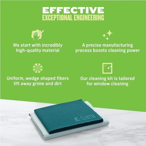 E-Cloth Window Cleaning Cloth - Eco Packaging - Glass Cleaning Cloth, Streak-Free Windows with Just Water, Microfiber Towel Kit for Windows, Car Windshield, Mirrors - Winter Green - 2pack