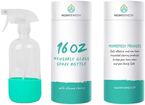 MOMREMEDY Refillable Glass Spray Bottle | Non Slip Silicone Bottom | Reusable Cleaning Bottle | Eco Friendly | All Purpose Kitchen and Household | Teal (1pc)