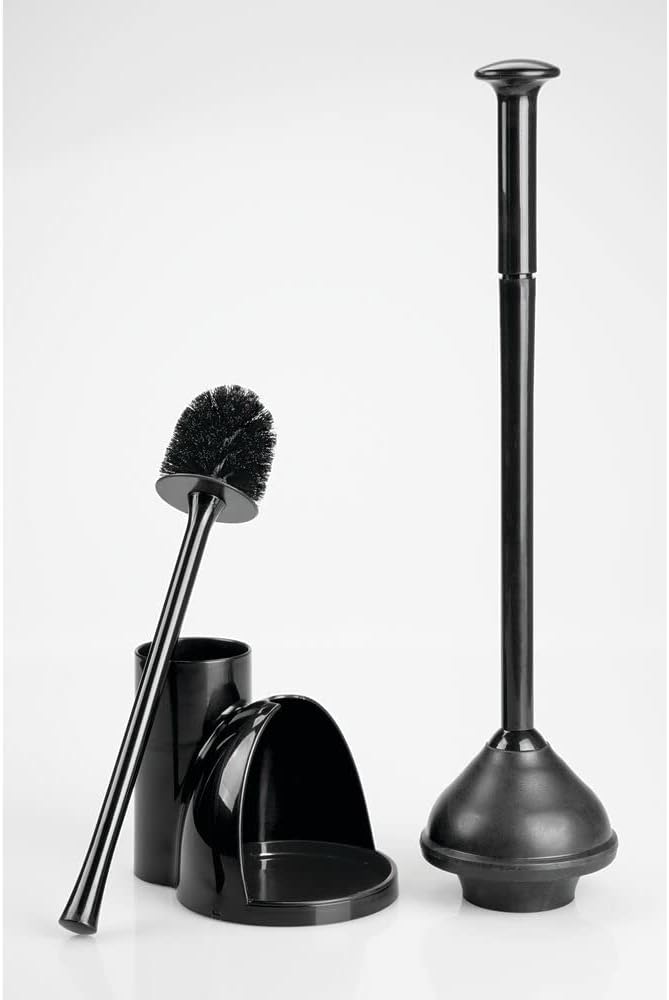 mDesign Hidden Plunger and Brush Set for Toilet Bowl - Brush Cleaner and Plunger Combo with Holder Caddy for Bathroom - Modern Toilet Brush and Plunger Set - Aura Collection - 2 Pack - Black