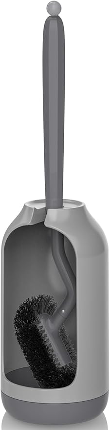 HAMITOR Toilet Bowl Brush Holder Set: Bathroom Deep Cleaning Toilet Cleaner Scrubber Under Rim with Curved Bristle for Dead Corner Clean - Hidden Rv Toilet Decorative Accessories with Caddy- Gray