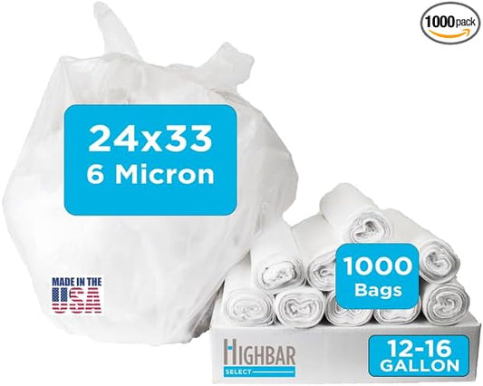 12-16 Gallon Trash Bags, Bulk Pack of 1000 High Density 6 Micron Clear Trash Bags, Lightweight Trash for Small Wastebaskets - 20 Rolls with 50 Per Roll