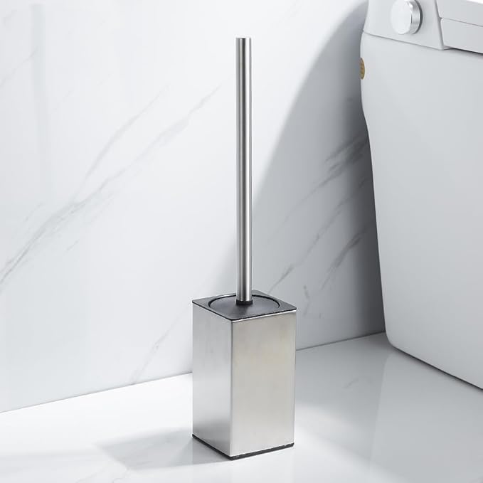 Toilet Brush and Holder Set KWQKEM Freestanding Modern Toilet Bowl Cleaners Brush and Holder with Lid 304 Stainless Steel (Brushed Silver)